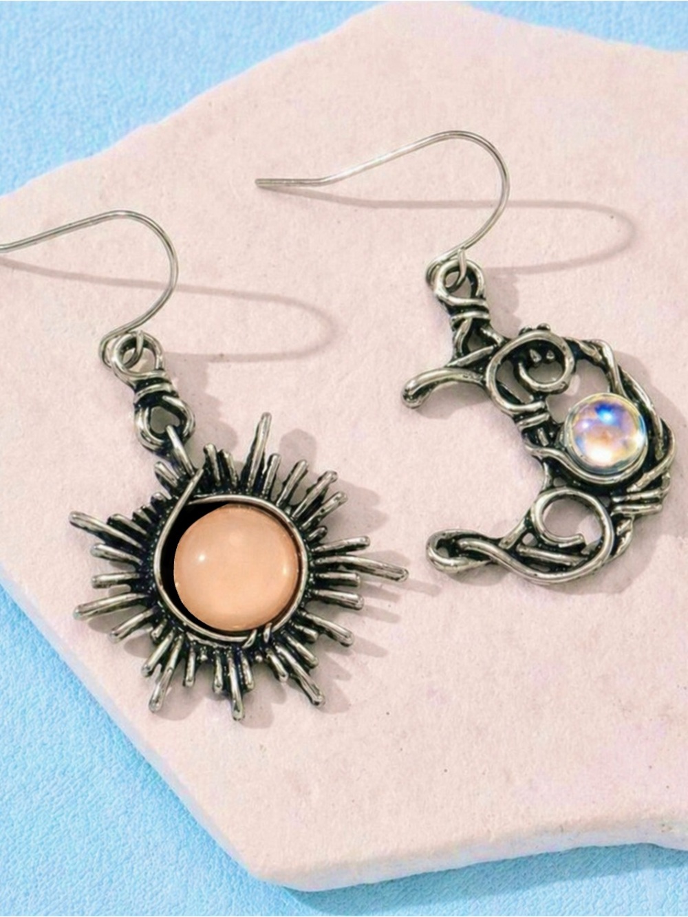 Bohemian Astrology Sun Moon Silver Wire Wrapped Celestial Stone Mismatch Dangles - Picture 7 of 8